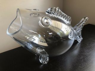 Vintage Blenko Style Large Clear Art Glass Fish Open Mouth Decanter Sculpture