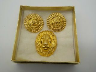 Vintage Signed Anne Klein Gold Lion Head Door Knocker Clip Earrings & Brooch