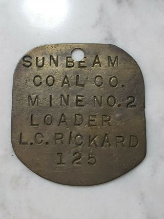Vintage Sunbeam Coal Mine Co Mining Brass Employee Id Tag Butler Pa