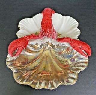 Vintage Lobster Large Divided Bowl Gold Trim Ceramic 10.  5” X 8” Unique & Rare