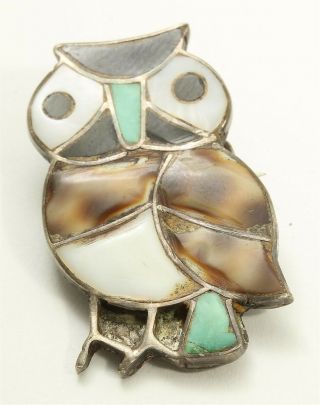 Vintage Zuni Sterling Silver Old Pawn Multi Stone Mosaic Inlay Owl Brooch Pin