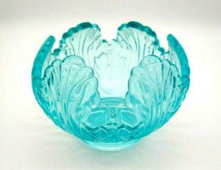 Vintage Fenton Blue Glass Lotus Rose Bowl Marked Fenton