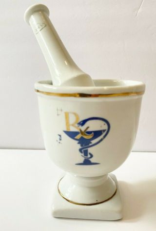 Vintage Rx Porcelain Mortar & Pestle Snake Bowl Of Hygieia Pharmacy Apothecary