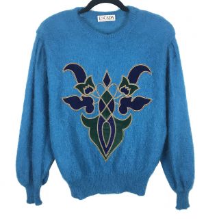Escada Vintage 80s Made In West Germany Blue Mohair Appliqué Sweater Size 38