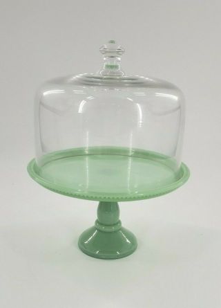 Vintage Jadeite Green Covered Pedestal Cake Stand Clear Dome Lid Cover Desserts