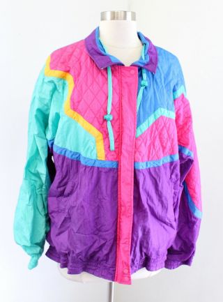 Vtg 90s Color Block Zip Up Windbreaker Track Jacket Pink Size L Retro Club Kid