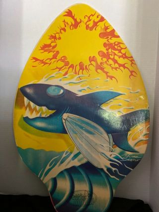 Vintage Michael Searle Wood Skim Board,  30x19”,  Surf Mania,  Robo Shark,  Bright