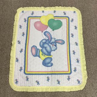 Vintage Baby Crib Coverlet Blanket Pink Quilt Ruffles Bunny Balloons 47x38