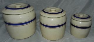 Vintage Lillian Vernon Set Of 3 Farmhouse Canisters White W/ Blue & Red Band