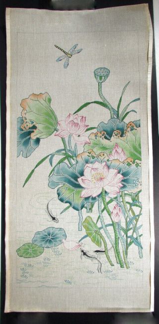 Vintage Painted Needlepoint Canvas Koi Pond Lotus Flowers Large Unsigned