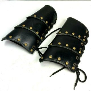 Vintage Leather Bracers Wrist Armor Lace Up Black Medieval Knights Rivets Tiered
