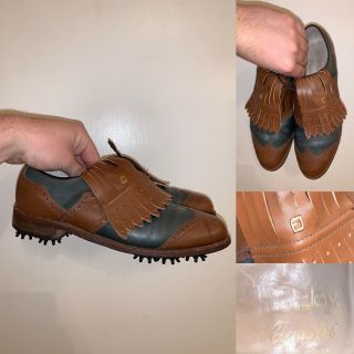 Vintage Footjoy Classics Golf Shoes Mens Size 8 Green Brown Tongue Flap Logo