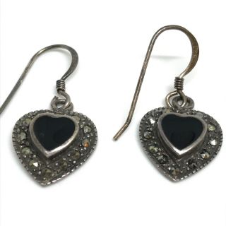 Vintage Sterling Silver Su 925 Marcasite Black Onyx Heart Dangle Earrings