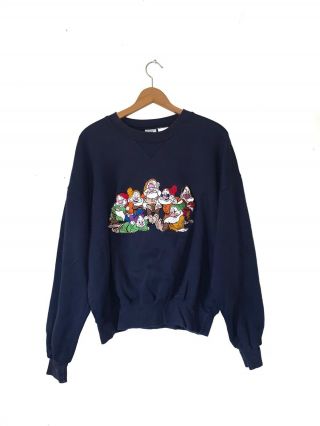 Vtg 90s The Disney Store Snow White Seven Dwarfs Blue Crew Neck Sweatshirt Med