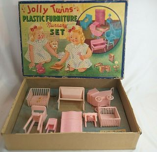 Jolly Twins Plastic Furniture Nursery Set Renwal Vintage Miniature Dollhouse Box