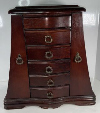 Vintage Dark Cherry Wood Jewelry Box Tabletop Dresser Armoire Organizer