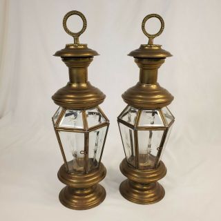 Vtg 2 Brass Candle Holders Lantern Etched Hexagon Glass Hanging Candlestick