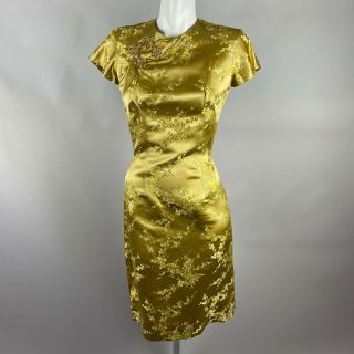 Vtg 60s Gold Floral Cheongsam Qipao Sheath Dress Asian Side Zip Size Medium