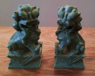 Vintage Pair Chinese Foo Dogs / Shi Lions Carved Green Stone 9.  5 Cm 