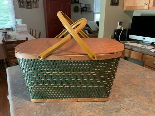 Vintage Green Wicker Picnic Basket 18.  5 X 11.  5 With Lid & Metal Handles