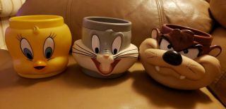 Vintage 1993 Looney Tunes Coffee Mugs Bugs Bunny Tweety Bird Taz Tasmanian Devil