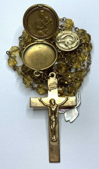 † Old Stock Nwt Vintage Gold Wash Yellow Glass Rosary 28 " Scapular Locket Nwt †