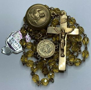 † OLD STOCK NWT VINTAGE GOLD WASH YELLOW GLASS ROSARY 28 