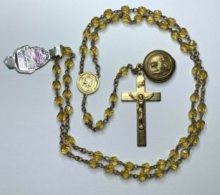 † OLD STOCK NWT VINTAGE GOLD WASH YELLOW GLASS ROSARY 28 