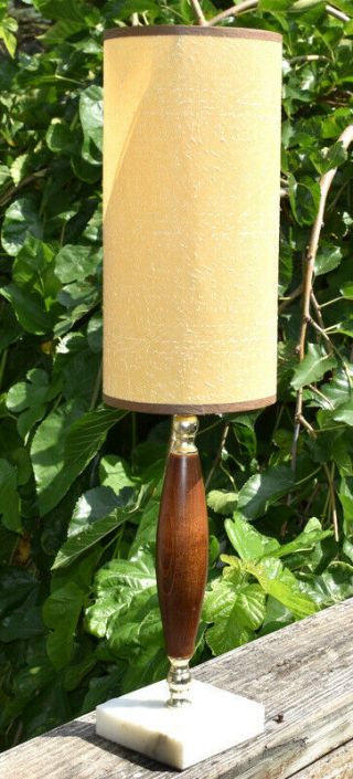 Vtg Mid Century Atomic Wood & Brass Table Lamp.  Marble Base.  Shade.  20 "