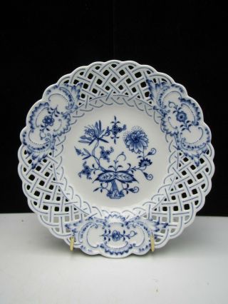 Vintage Meissen Porcelain Blue Onion Pattern Pierced Rim Dessert / Pie Plate