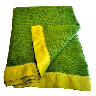 Vintage Waffle Weave Blanket Satin Trim 66 " X 88 " Twin Creslan Brand Green