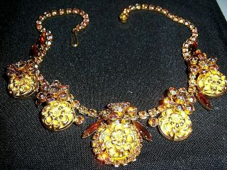Vtg Juliana D&e Gold Carved Flower Amber Rhinestone Necklace