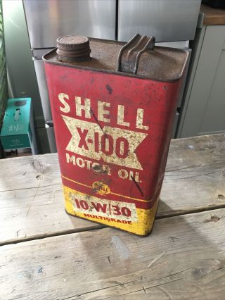 Rare Vintage Shell X - 100 L Motor Oil Empty Tin Can Automotive One Gallon