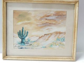 Vintage Fine Small Watercolor Painting Arizona Desert Saquaro Cactus - Xlnt