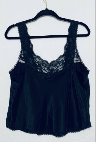 Vintage Christian Dior Womens Large Black Satin Lace Camisole Chemise Blouse Top