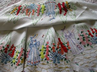 Vintage Hand Embroidered Tablecloth - Fab Crinoline Ladies,  Peacocks & Floral