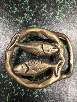 Vintage Solid Brass Circle Hippie 60’s Pisces Zodiac Belt Buckle Sand Cast