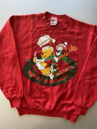 Vintage 90s Winnie The Pooh Happy Holiday Disney Crewneck Sweatshirt M Sweater