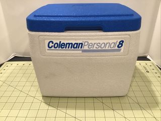 Vintage Coleman Personal 8 Cooler 5272 White W Blue Cup Holder Lid Date 2/93