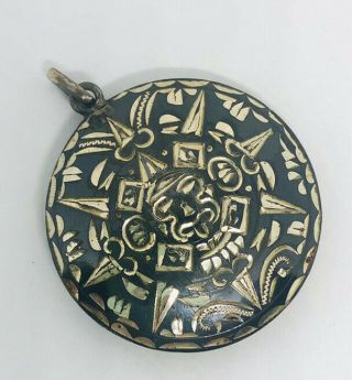 Sterling Silver Mexico Enamel Mayan Calendar Pendant Necklace Vintage Jewelry