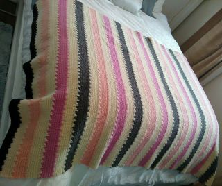 Vtg Handmade Afghan Blanket Crochet Throw Pink Grey Stripes Wool 75x47 " Euc