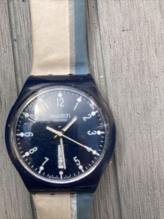 Vintage Old Swatch Watch With Leather Strap,  Face Has Day And Date Too