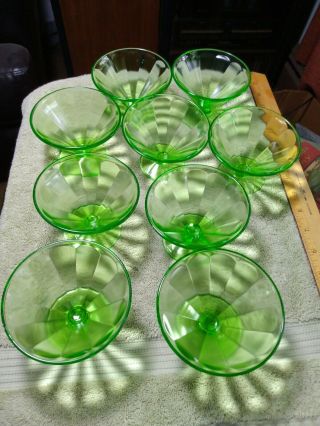 Nine (9) Vintage Federal Green Vaseline Uranium Depression Glass Sherbet Cups