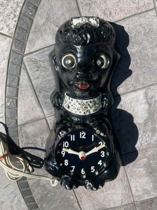 Vintage Retro Mid Century Poodle Dog (kit Cat) Clock Black Jeweled