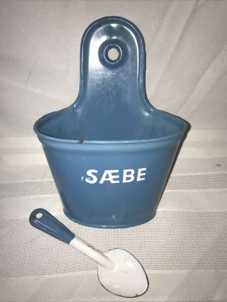 Antique Danish Blue Granite Ware Enamel Saebe Soap Wall Container W/spoon