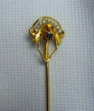 Antique 10k Solid Yellow Gold,  Blue Stone & Seed Pearls Filigree Stick Pin