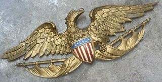 Vintage 28” Cast Aluminum Gold American Eagle Shield Plaque Wall Hanging