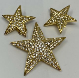 Joan Rivers Star Brooch & Clip Earrings Set Pave Crystal Rhinestone Pin Vintage