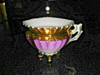 Vintage Antique 3 Footed Hand Painted Purple 18k Gold Trim Porcelain Tea Cup