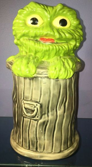 Vtg Oscar The Grouch Ceramic Cookie Jar Trash Can Pail Muppets Sesame Street
